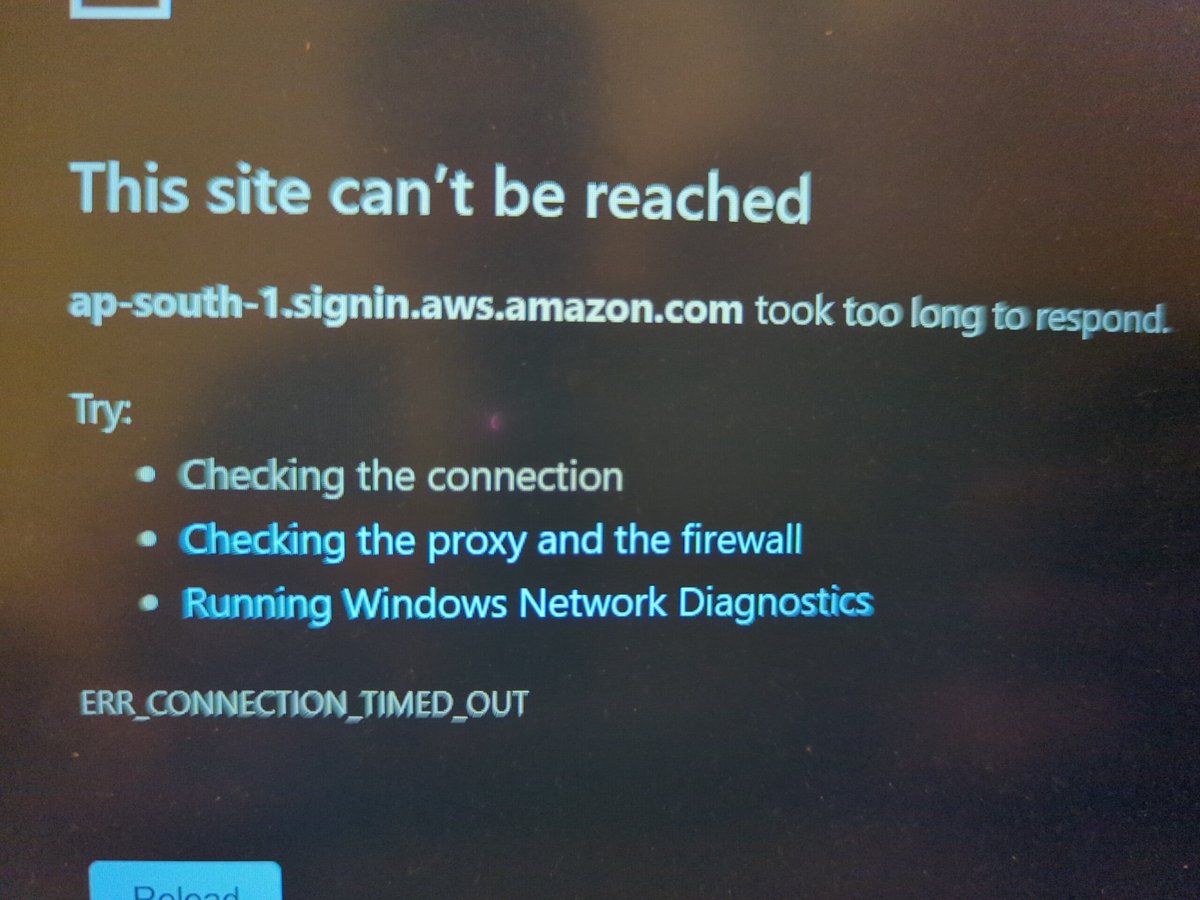 meetjyo's tweet photo. @AWSSupport Is there an outage in ap-south-1? It's been an hour since the console is timing out, the console for other APAC regions are working 🤔 https://t.co/FD90vkIaNZ