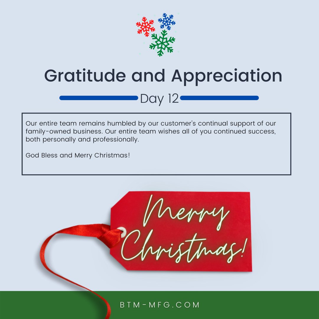 BTMMfg's tweet photo. Day 12 of #12daysofmanufacturing
From our entire @BTMMfg family to yours... Merry Christmas!πππ
https://t.co/woPaizlq6t