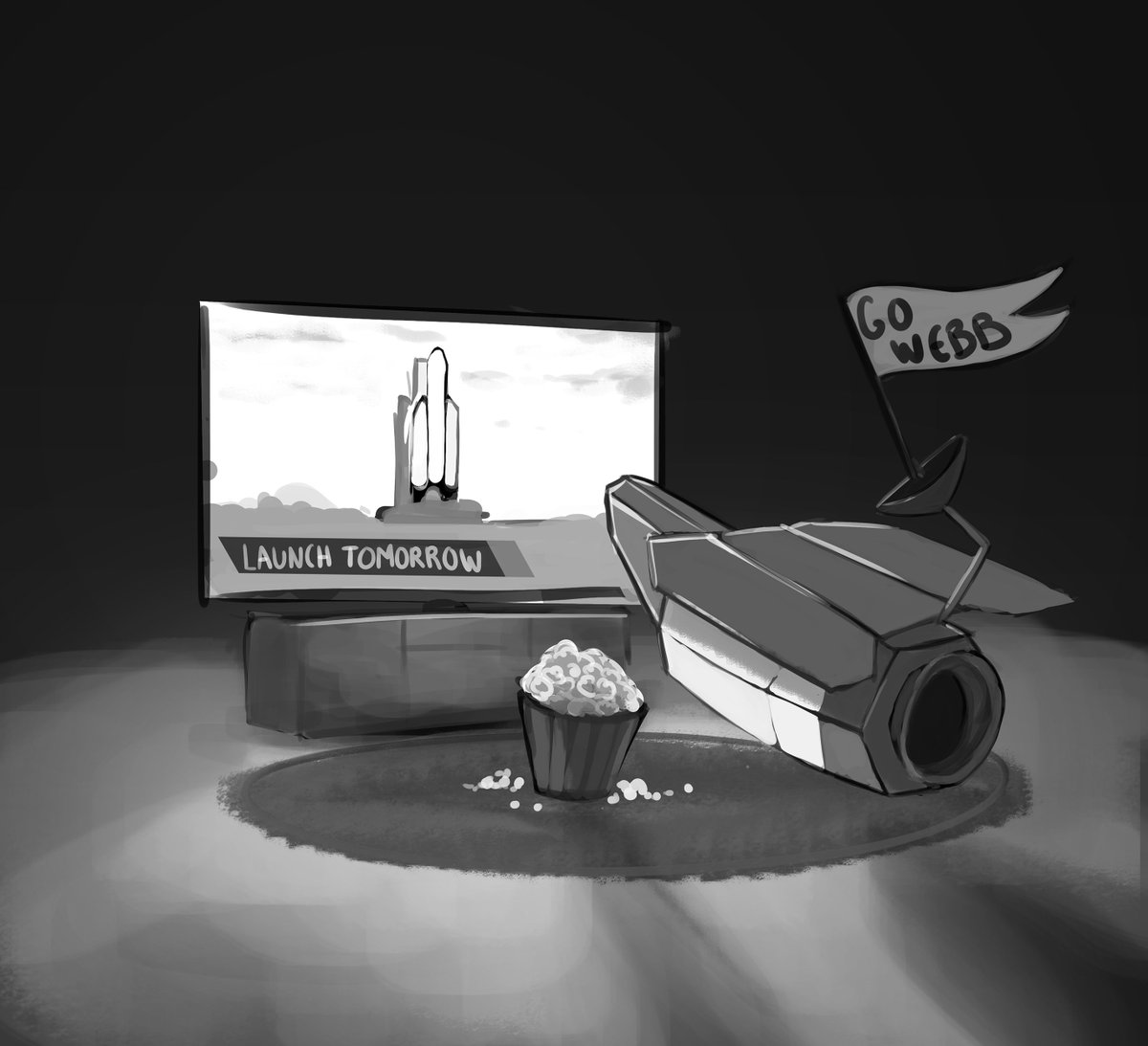 Cartoons drawings of the Nancy Grace Roman Space Telescope and The James Webbs Space telescope. Depicting Roman watching Webbs launch on TV and celebrating!