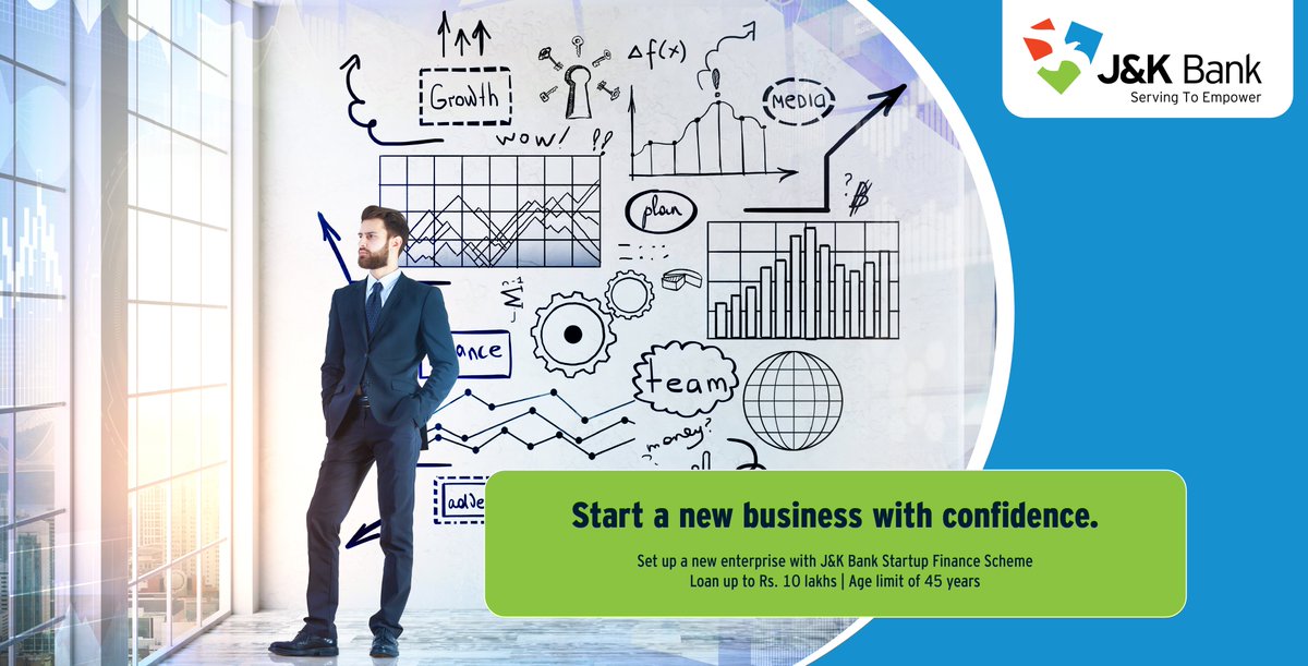 JandKBank's tweet photo. Come to us and become the boss of your own enterprise in manufacturing or service sector. With #JKBank Startup Finance Scheme, you can avail financial assistance from Rs.2 lakhs to Rs.10 lakhs to start a business. For more details call 1800 890 2122 https://t.co/rqDEdWZQx8