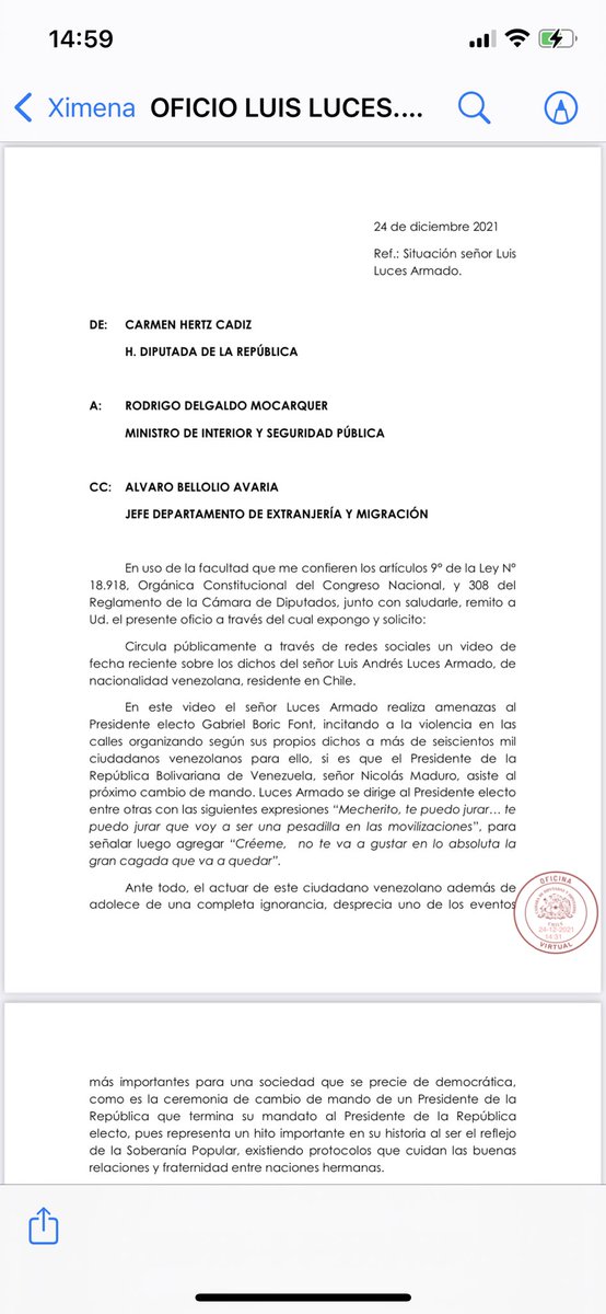 carmen_hertz's tweet photo. He oficiado Ministro Interior a q adopten medidas correspondientes respecto a ciudadano venezolano extrema derecha Luis Luces q se ha permitido amenazar a nuestro Presidente electo ⁦@gabrielboric⁩ incitando a la violencia y el odio, ya lo hizo el 2019 contra esta diputada https://t.co/GZ8L2wdVVh