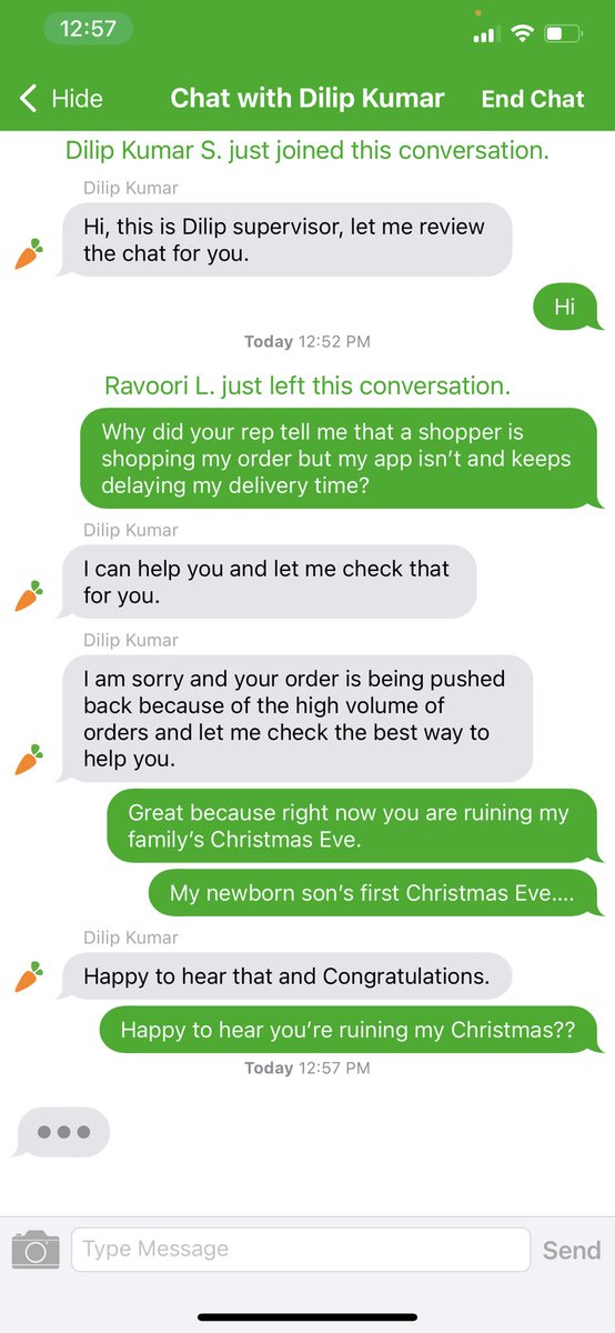 PatrickHoffer's tweet photo. @Instacart Hey @Instacart glad your rep is happy that he’s ruining my newborn son’s first Christmas? Is this normal behavior for your customer service!? https://t.co/XiY5NBR50m