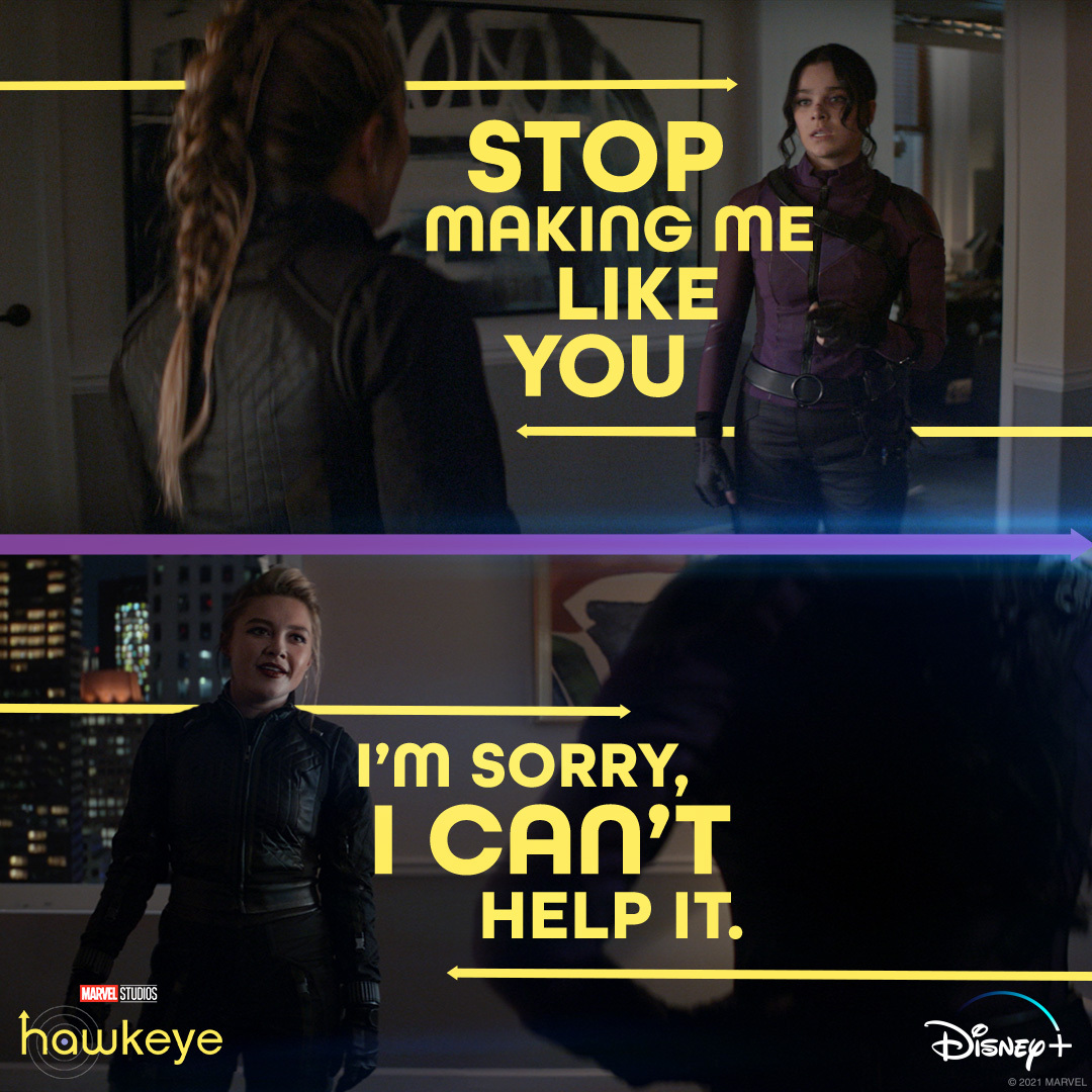 MarvelStudios's tweet photo. Best friends or enemies? All episodes of Marvel Studios’ @HawkeyeOfficial are now streaming on @DisneyPlus. https://t.co/RDNGK8i8JA