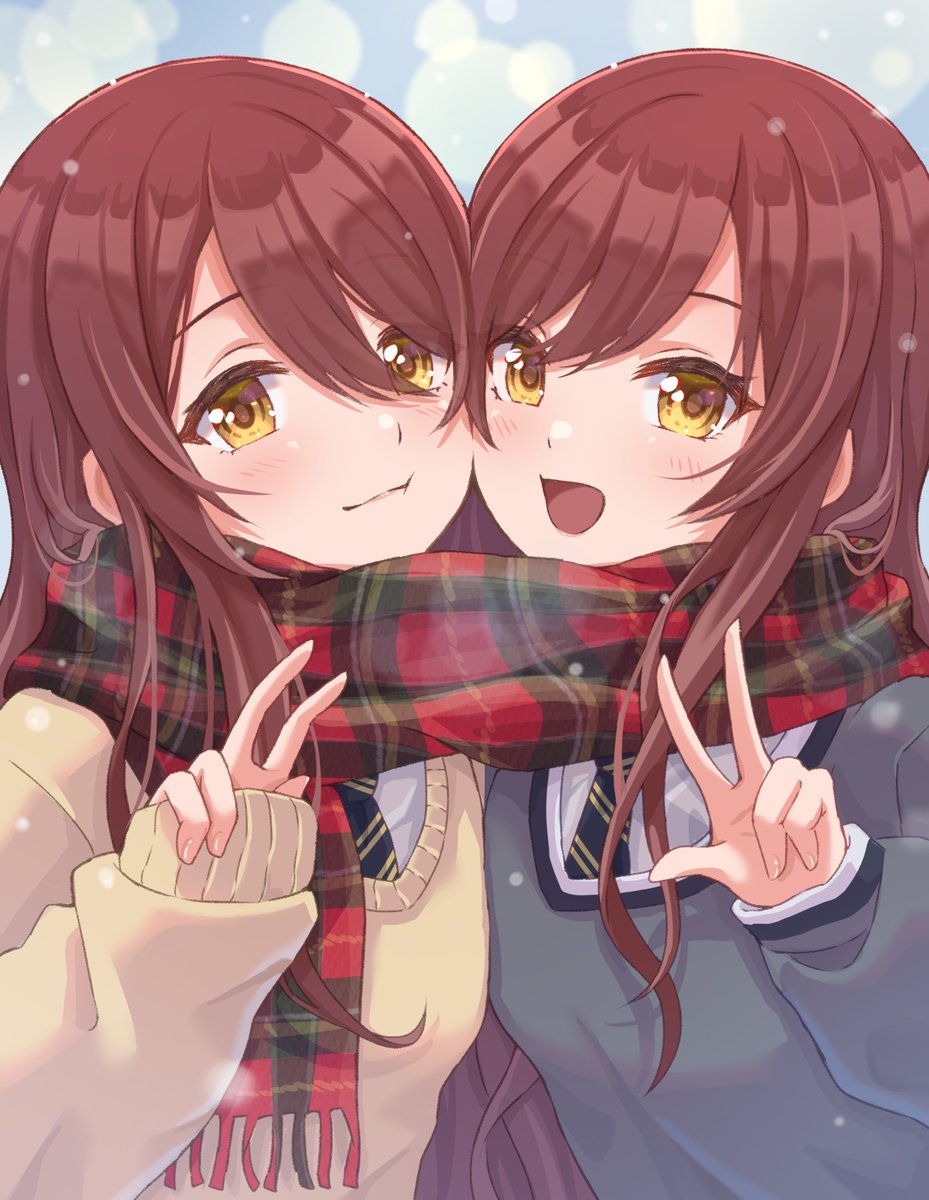 osaki amana ,osaki tenka multiple girls 2girls shared scarf shared clothes sisters siblings twins  illustration images