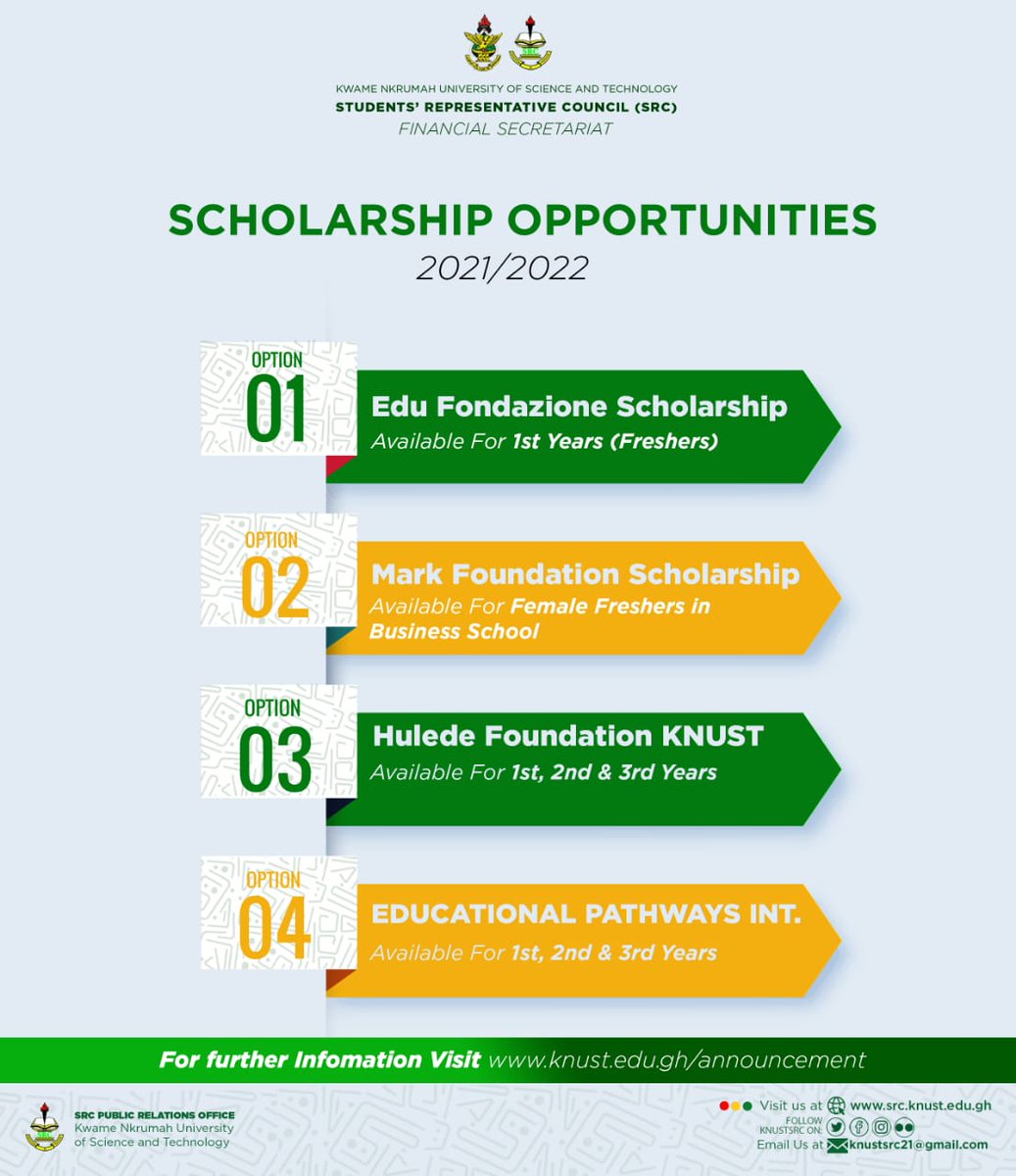 watsuptek's tweet photo. Here are some amazing scholarship opportunities available for First years.
Dear Freshmen, welcome to KNUST.
#DearFreshman
#WatsuptekReport https://t.co/uF7NUOzwbn