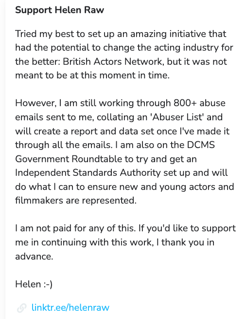 helenraw's tweet photo. If I have ever helped you

- get ££ back from a rogue employer
- get out of a shitty contract
- negotiate a better contract
- chase for showreel footage
- get money back from an audition scammer 

&amp; you can spare at least £3 please chuck it in my pot xx

https://t.co/YCWYJuOp8E https://t.co/IN1362nSjB
