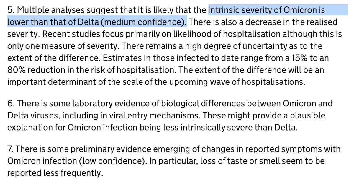 Is there less intrinsic severity of Omicron than Delta and prior variants? Update from today's UK report
gov.uk/government/pub…
Less frequent loss of smell/taste and in-lab lung cell infectivity (#6 below). 
(Still too early to know for sure)