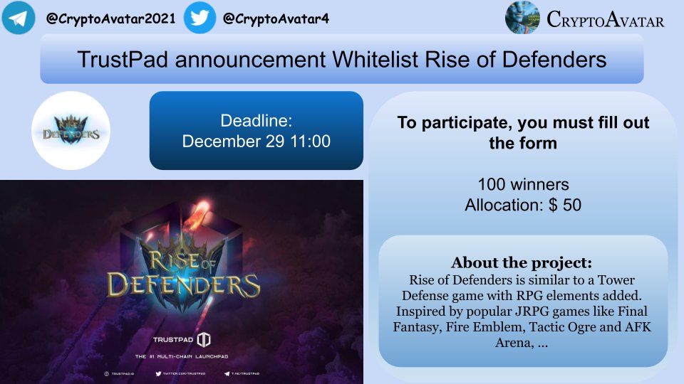 CryptoAvatar4's tweet photo. Rise of Defenders Whitelist⬇️
To participate, you must fill out the form
https://t.co/bUGEck8goK
#RiseOfDefenders #TrustPad #whitelists https://t.co/X4zzopyxSW