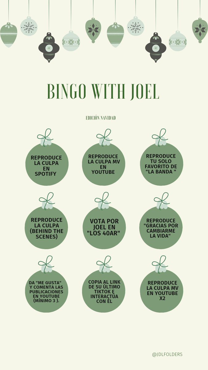 jdlfolders's tweet photo. — BINGO WITH JOEL❕

El propósito de este bingo edición navidad es hacer stream, votar y apoyar a Joel DELEŌN en diferentes plataformas.

En el hilo encontrarás los links correspondientes.

@JOELDELE0N #JoelDELEŌN https://t.co/ExupAqmM8N