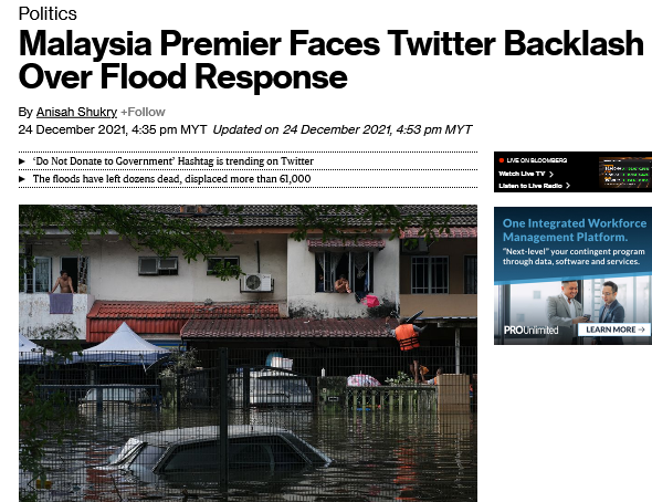 jezlai's tweet photo. hey Msia PM, read Bloomberg news headline "Msia Premier Faces Twitter Backlash Over Flood Response"

Msians took 2 socmedia protest Ismail’s handling of severe floods tat left dozens dead &amp; displaced more than 61,000 ppl with “Do Not Donate To Government” TWITTER trending hashtag https://t.co/TyQL14e3Ag