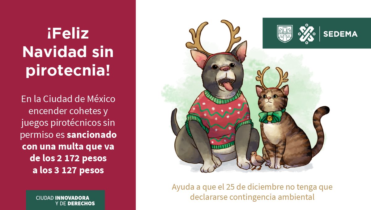 SEDEMA_CDMX's tweet photo. Este #FelizViernes no generes contaminación, evitemos que mañana se active una contingencia ambiental. Feliz Navidad ‼️#SinPirotecnia‼️ https://t.co/NWSC101PF9