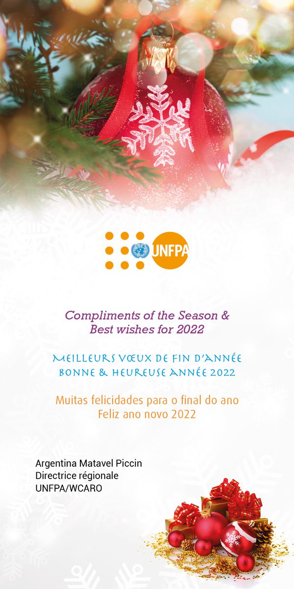 Compliments of the Season. Thanks for the partnership and support. 

🎉🎉Best wishes for 2022.🎉🎉
—-

Muitas felicidades para o final do ano. Obrigado pela parceria e pelo apoio.  

🎉🎉Feliz ano novo 2022.🎉🎉
—
Argentina Matavel, RD <a href="/UNFPA_WCARO/">UNFPA WCARO</a> 
<a href="/amatavel/">Argentina Matavel</a>