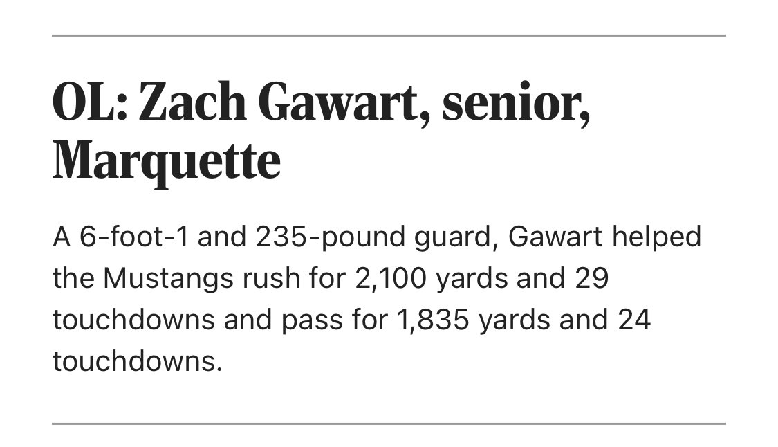 Congrats to ⁦<a href="/MarquetteFootbl/">Marquette Football</a>⁩’s Zach Gawart on being named to the ⁦<a href="/STLhssports/">STLhighschoolsports</a>⁩ All-Metro 3rd team squad!