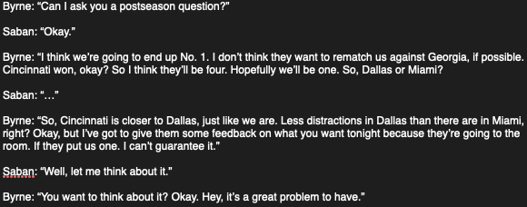 Found this really interesting on ESPN's Welcome to the Show:

After Alabama won the SEC title, AD Greg Byrne spoke to Nick Saban on the field about picking between Miami and Dallas if they were the No. 1 seed in the final College Football Playoff rankings. https://t.co/1S2YYxTdM8