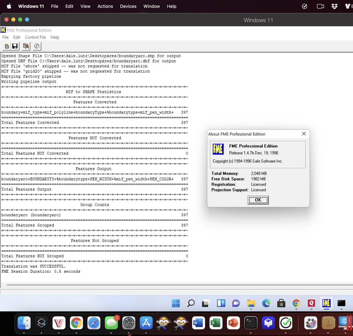 DaleAtSafe's tweet photo. Amazed to see 25-years-and-5-days-old FME 1.4.7 built for Windows 95 running on Windows 11 ARM inside Parallels on an M1 Mac (producing an @shapefile of course). Now back to nervously wrapping presents... https://t.co/xVqGqLrIEH