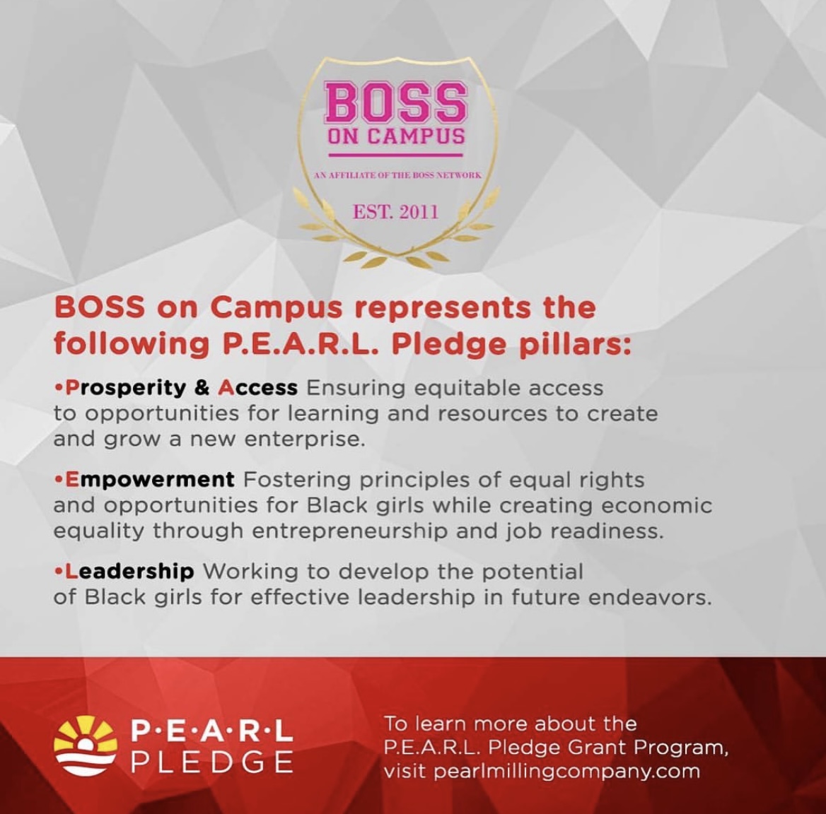 iamCameka's tweet photo. We are happy to share that BOSS On Campus has been selected to be a @pearlmillingcompany P.E.A.R.L. Pledge 2021 grant recipient! It’s an honor to have our work recognized and to receive the support of P.E.A.R.L. Pledge to continue growing and empowering our community.#PearlPledge https://t.co/7sQaLDc1Jx