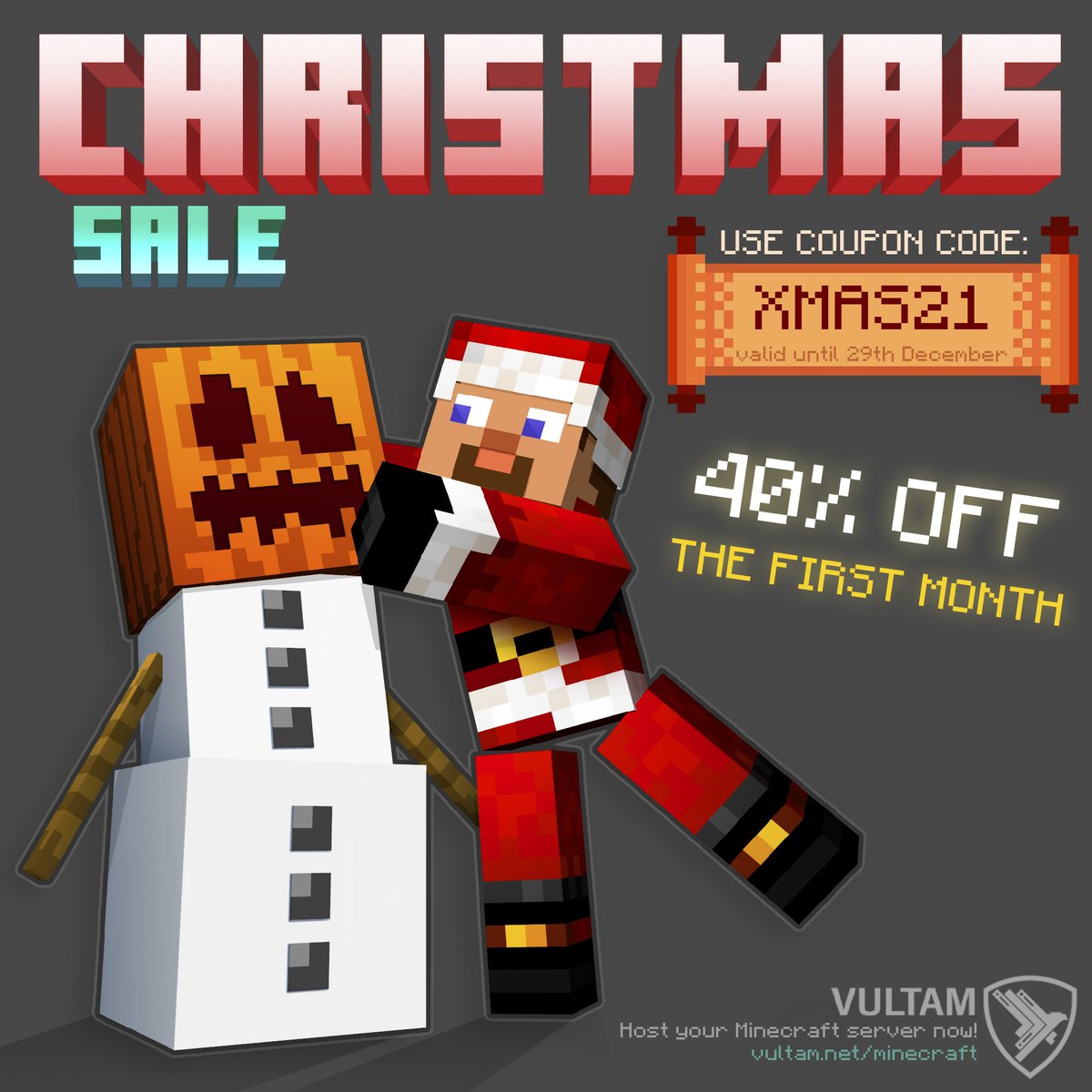 VultamHost's tweet photo. We wish you a Merry Christmas!

From now until December 29th, take 40% OFF on your new and upgrade orders with the coupon code "XMAS21". 🎄

🎉We are also giving away a 6GB Performance Minecraft server (Ryzen 9 5900x) for 1 month!
To participate:
- 🦅Follow us
- 🔁RT this tweet https://t.co/g0emy0T5U7