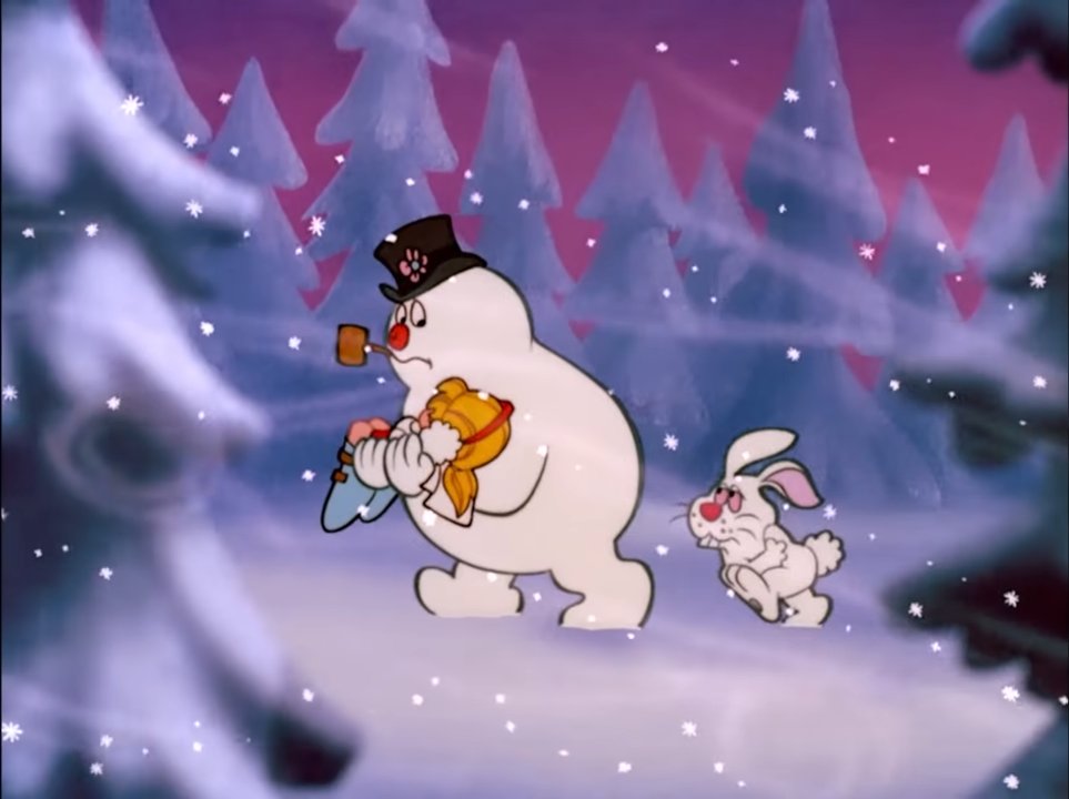 6. 1. Frosty the Snowman' (1969)Magenta pink skies with purple snowsca...