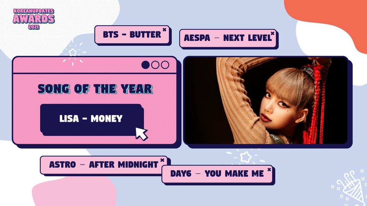 LL_LLOUD's tweet photo. ยินดีกับลิซ่าคว้ามาอีก 4 รางวัล!
Congrats 👏 LISA for winning 4 Awards at 2021 🎉 @KoreanUpdates 

🏆 Best Female Solo - #LISA
🏆 Dance of the Year - #LALISA
🏆 Song of the Year - #MONEY  
🏆 MV of the Year - LALISA

https://t.co/trl3otWU0q