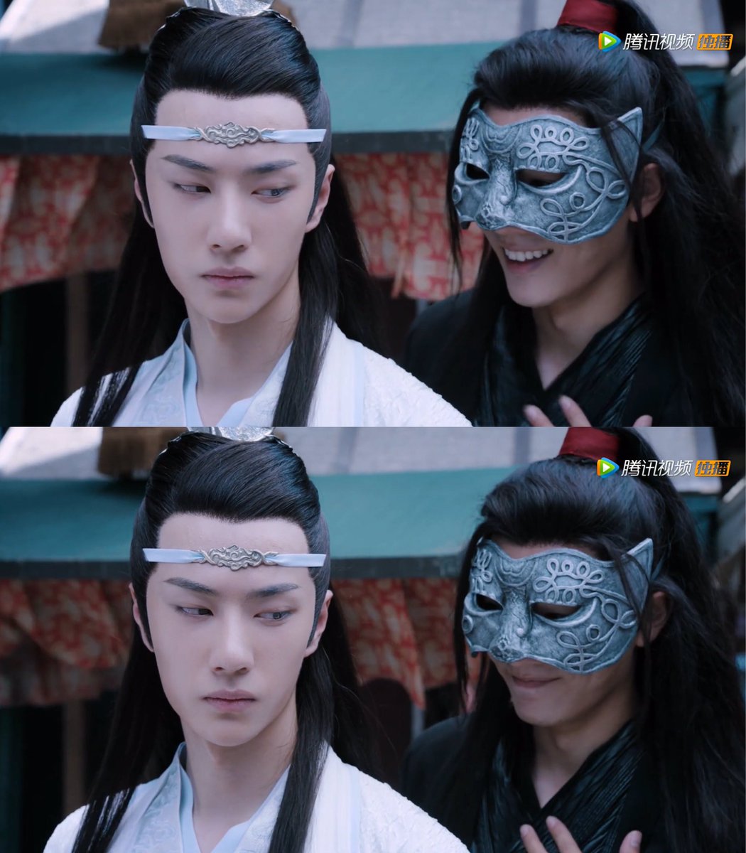weiwuxiannn's tweet photo. << mdzs donghua / cql comparison >>

I was gonna do one of the angsty bits but I’m literally not strong enough so heres Fairy terrorising wwx while lwj protecs 🥺🥺
I only realise now how dumb the mask looks like homey you aren’t fooling ANYONE there’s literally no need https://t.co/e52HXMBu8S