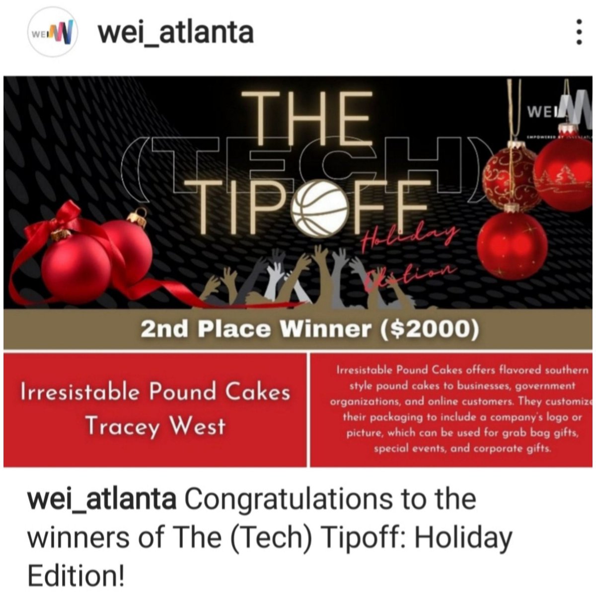 irresistiblepc's tweet photo. Happy Holidays from Irresistible Pound Cakes! We want to wish you and your family a safe and happy holiday season. 

Irresistible Pound Cakes will be closed until 1/3/22. We hope to continue servicing you next year. 

We just won a grant from @wei_atlanta! Thank you WEI Atlanta! https://t.co/LK5bPKpDB6