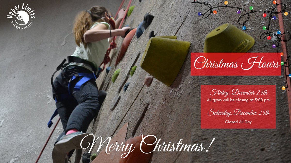 Merry Christmas from Upper Limits! 

We are closing early tonight, and will be closed all day tomorrow.

We will be open regular hours on Sunday, December 26th. See you then!

#climbuli #indoorclimbing #rockclimbing
#bouldering #midwestclimbing #shoplocal