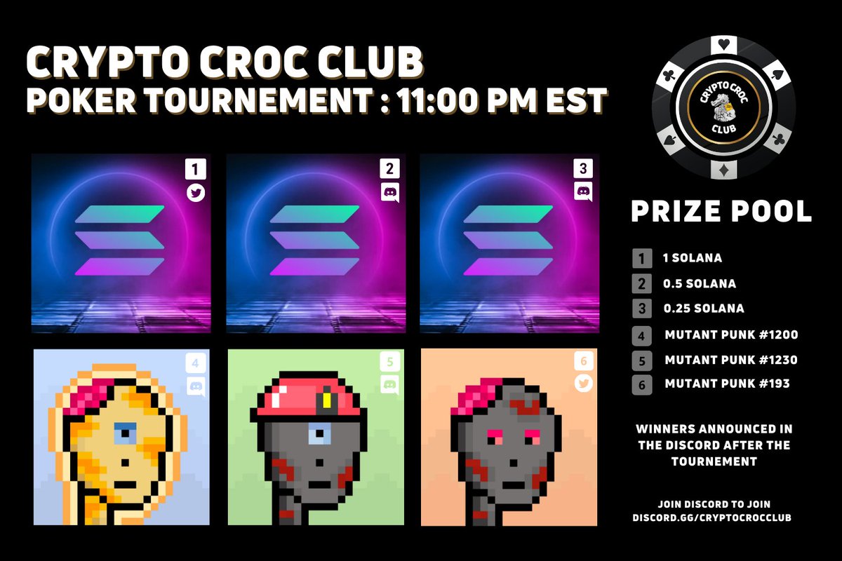 cryptocrocclub's tweet photo. Poker Night 😎💸

To Enter join Discord 🤯

Discord: https://t.co/rtB20NCU9L

1⃣Follow, Like, Retweet
2⃣Tag 3 Friends
3⃣Win 🥳 https://t.co/q5WRe075nO