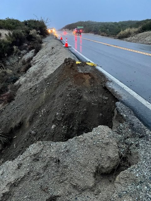 Caltrans8's tweet photo. This is typical on mountain roads during storms. Photos depict last night on SR 243 and this morning on SR 111 heading to Palm Springs. Please avoid travel during these storms. And never cross over running water as shown above. https://t.co/n0YDyssiT7