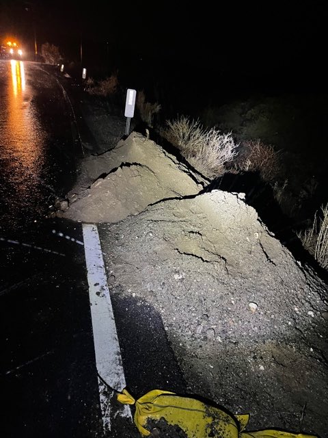 Caltrans8's tweet photo. This is typical on mountain roads during storms. Photos depict last night on SR 243 and this morning on SR 111 heading to Palm Springs. Please avoid travel during these storms. And never cross over running water as shown above. https://t.co/n0YDyssiT7