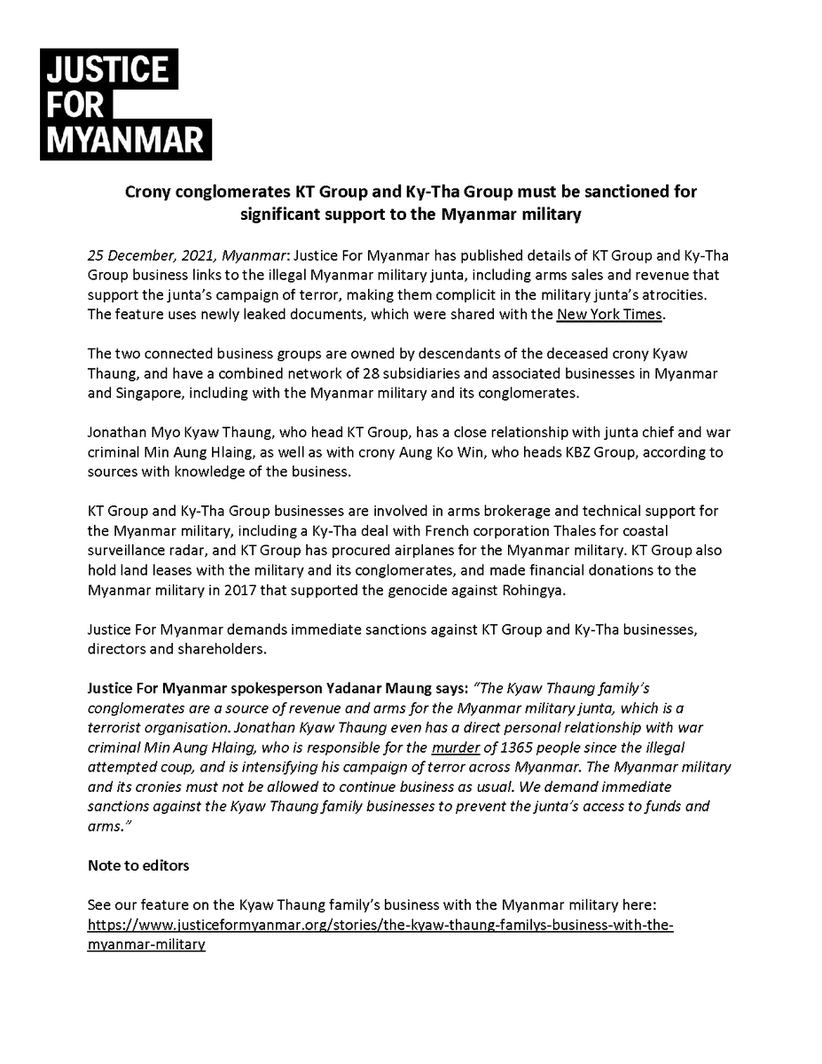 JusticeMyanmar's tweet photo. Press Release 📣 Crony conglomerates KT Group &amp; Ky-Tha Group must be sanctioned for significant support to  Myanmar military.

✅See our web feature here w/ leaked docs &amp; excel file of biz network 👉🏽https://t.co/JoNE9U64sR
✅See @nytimes investigation 👉🏽https://t.co/9dOTu3YvDA https://t.co/7H7gXzEJ9c