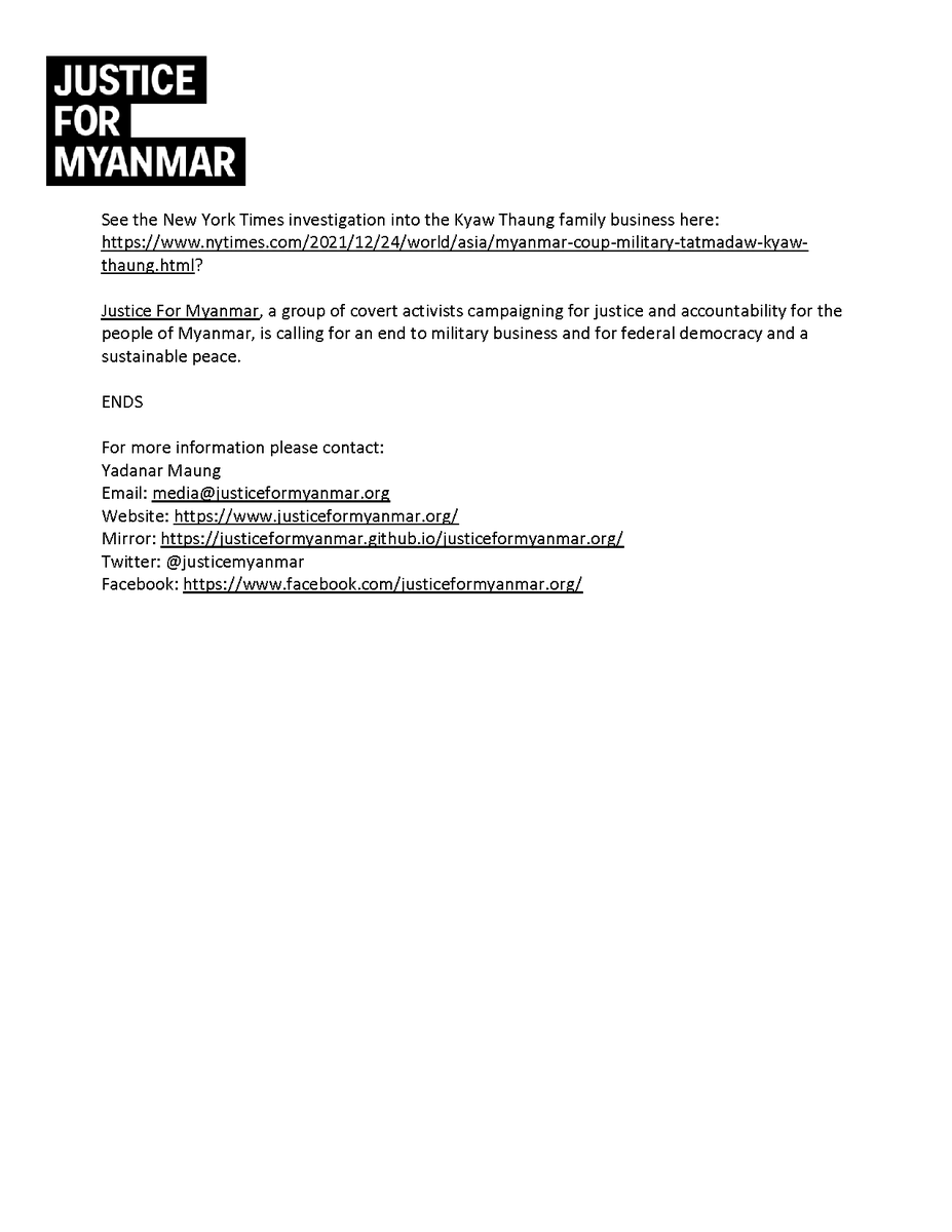 JusticeMyanmar's tweet photo. Press Release 📣 Crony conglomerates KT Group &amp; Ky-Tha Group must be sanctioned for significant support to  Myanmar military.

✅See our web feature here w/ leaked docs &amp; excel file of biz network 👉🏽https://t.co/JoNE9U64sR
✅See @nytimes investigation 👉🏽https://t.co/9dOTu3YvDA https://t.co/7H7gXzEJ9c