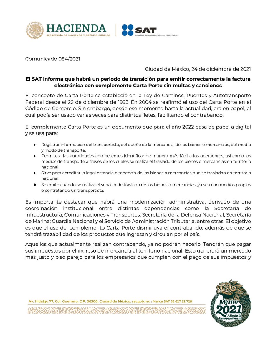 canacarmexico's tweet photo. #ÚltimaHora 
El @SATMX informa que habrá un periodo de transición para emitir correctamente la factura electrónica con complemento Carta Porte sin multas y sanciones. https://t.co/AUHTBMEBHZ