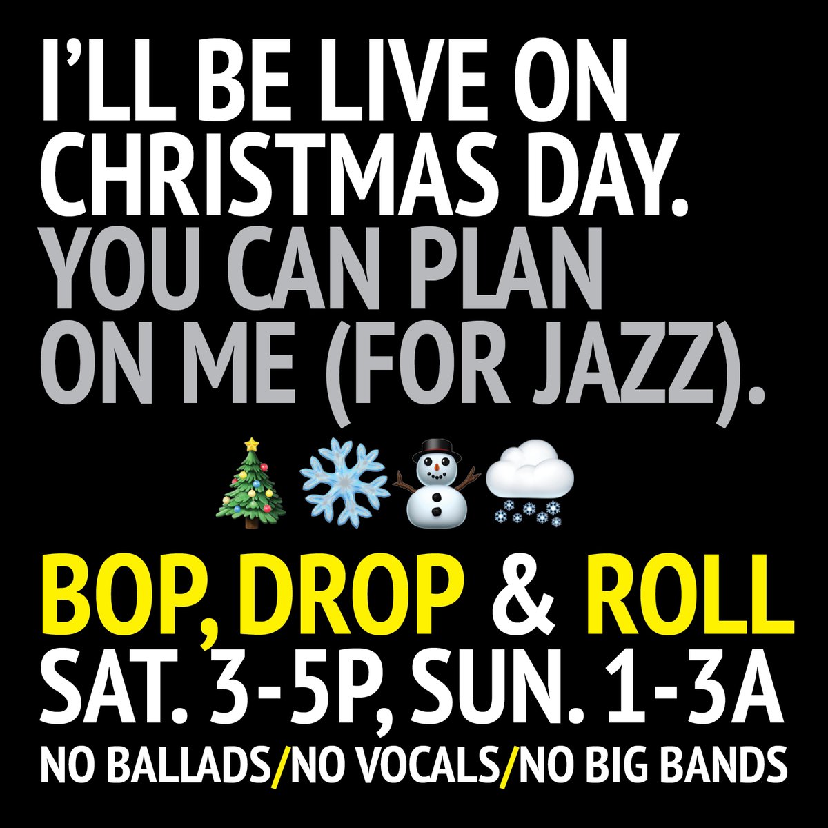 kspc's tweet photo. Bop, Drop & Roll will be LIVE on KSPC this CHRISTMAS DAY, 3-5PM for a special show. "More Keys, Please!" will be 2 hours of all piano- and organ-led jazz combos! No ballads, no big bands, no vocals. Say NO to the slow & INDEED to the speed! #jazz #jazzcombos #BopDropandRoll https://t.co/cSe6aUaTcv