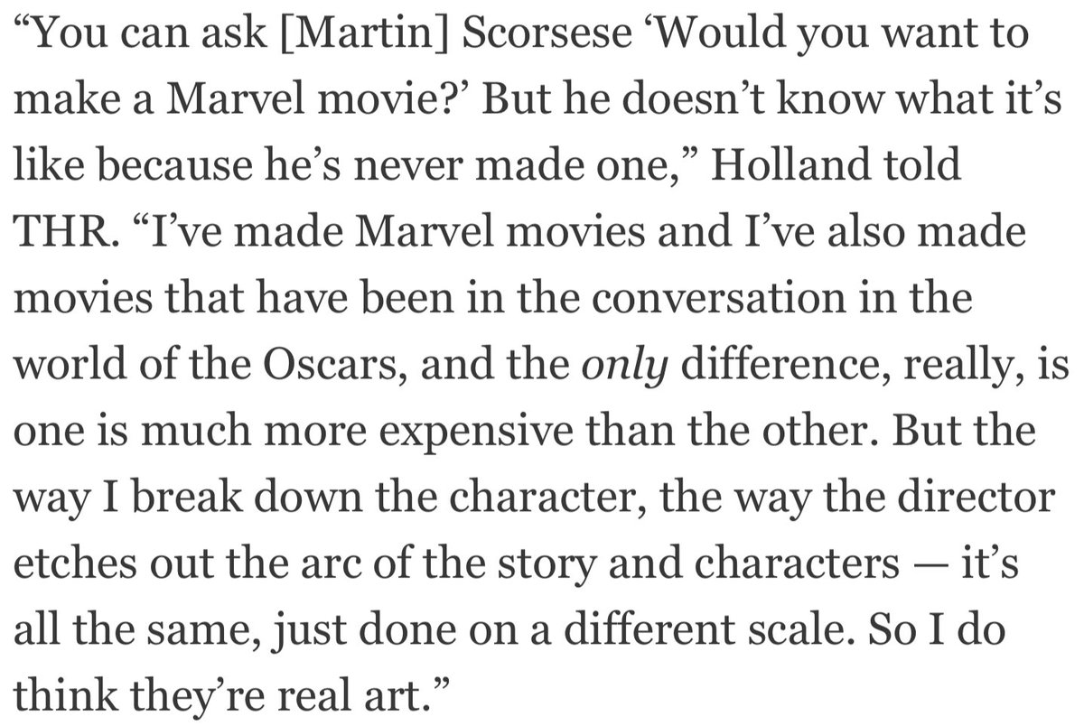 Scorsese is a guy who spends years developing his films and enacting control. Why would he want to make a Marvel film?

Yes, Holland has done indies, from his debut with The Impossible to films released by streamers like The Lost City of Z and The Devil All the Time. https://t.co/TF6y9TkzUY