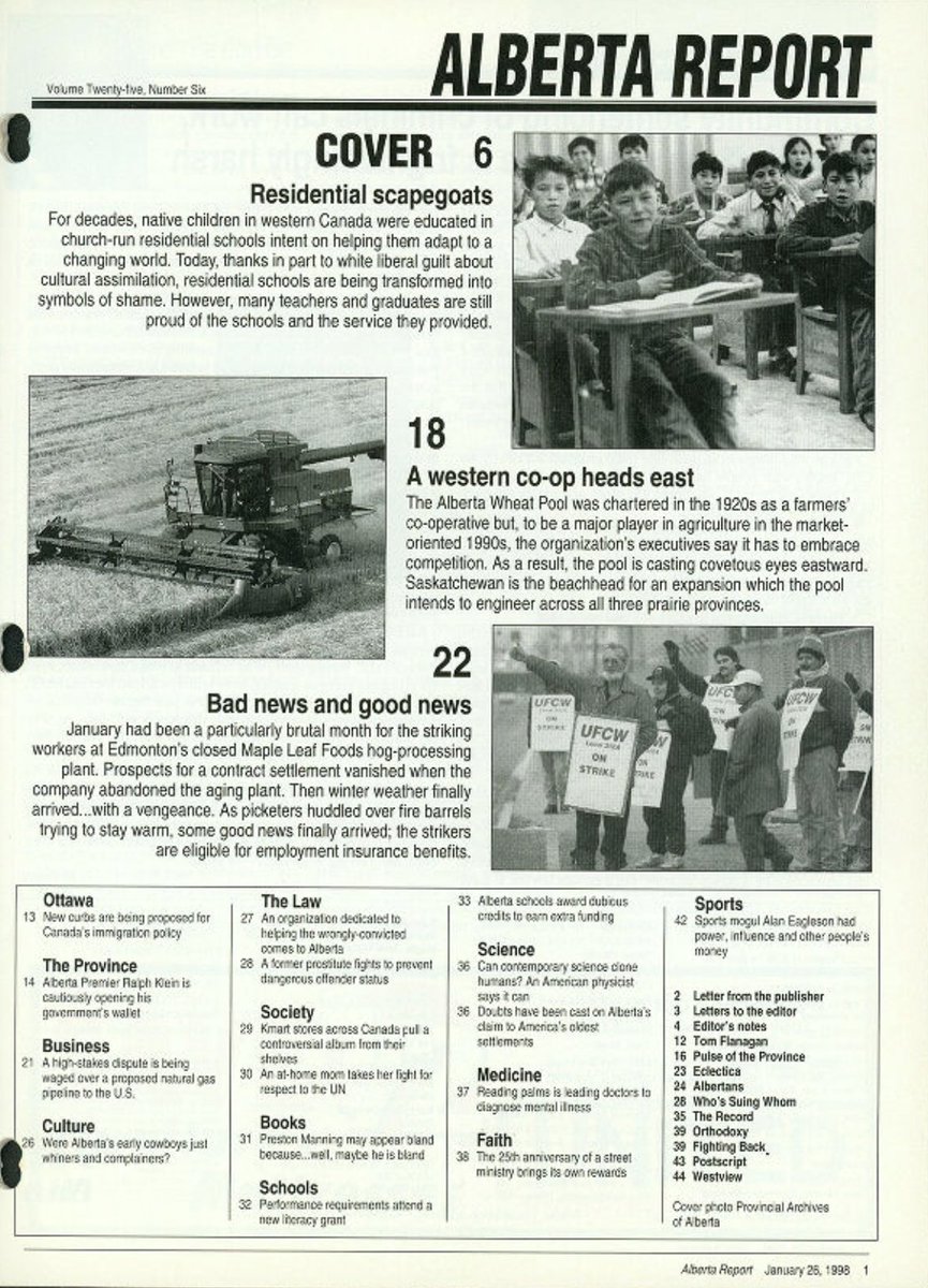 mbueckert's tweet photo. Here's how Byfield's Alberta Report covered residential schools in 1998 (by this time the paper was run by his son, Link): 

"Canada's Mythical Holocaust: Ottawa's $350 million apology for the 'horrors' of Indian residential schools is rooted more in fiction that fact" https://t.co/GAEH1WjyzA