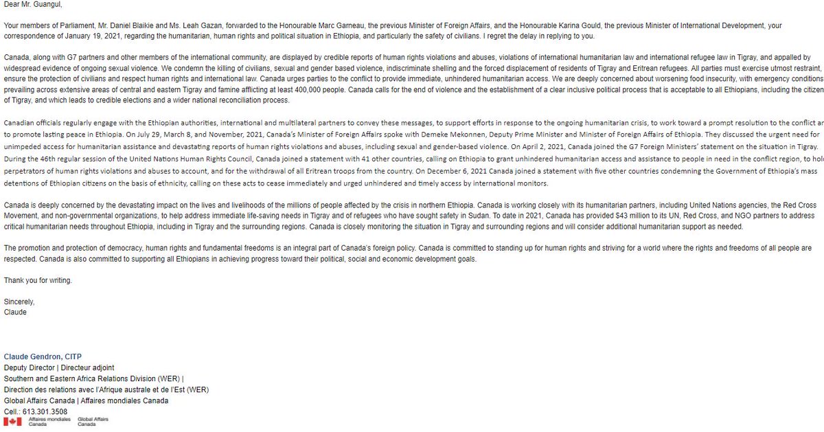 SeifGebre's tweet photo. .@CanadaFP response to my letter regarding the ongoing conflict in Ethiopia:
"...credible reports of human rights violations &amp; abuses, violations of int'l humanitarian law; int'l refugee law in #Tigray; appalled by widespread evidence of ongoing sexual violence. "

@JustinTrudeau https://t.co/QULMevJzAD