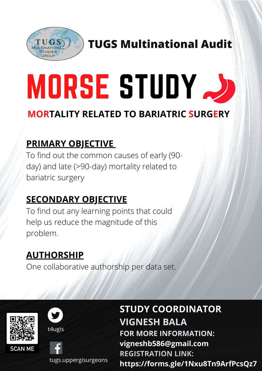 The MORSE STUDY!! Welcoming research enthusiasts from all over the world to be a part of this Multinational Audit.

•60+ registrations in just two weeks
•One collaborative authorship per data set 

Interested?Join using the registration link below:

docs.google.com/forms/d/e/1FAI…