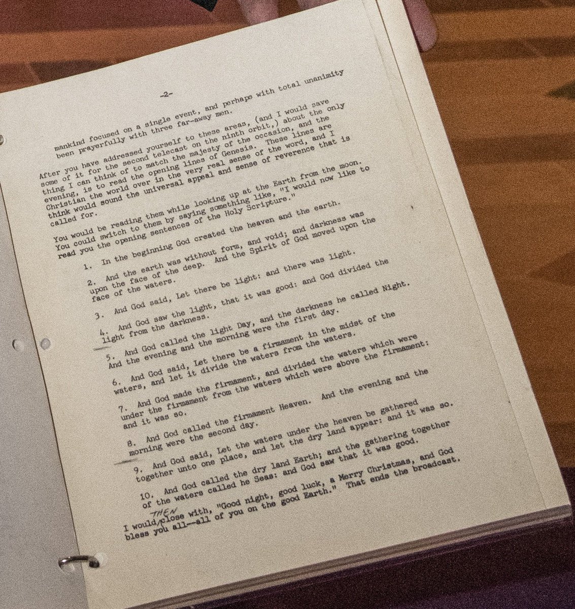 Picture of a piece of paper with the script of what the astronauts read on December 24. 1968, from lunar orbit.