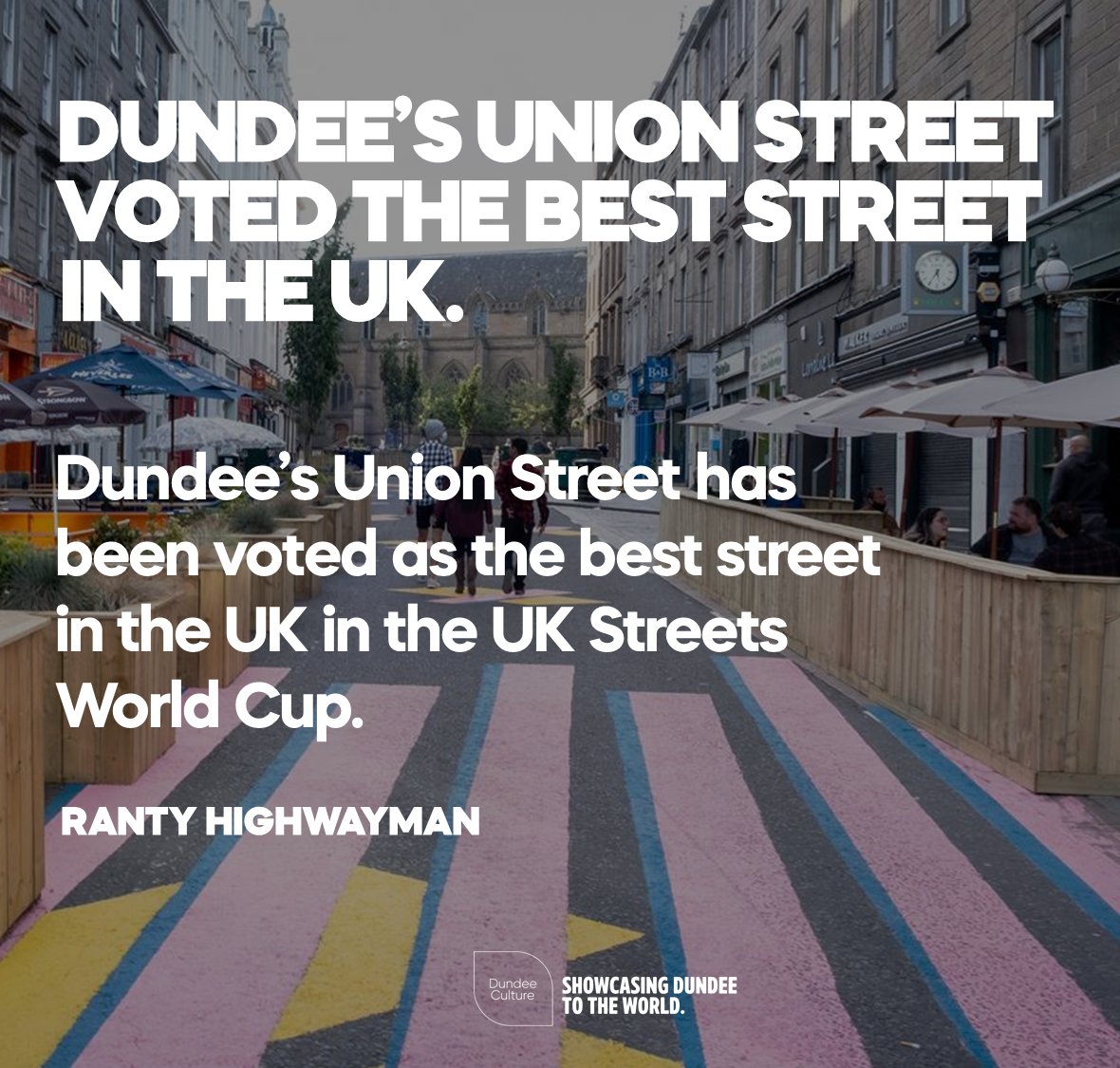 DundeeCulture's tweet photo. 🛣️🤩❤️ Dundee's Union Street has been voted the best street in the UK in the #UKStreetsWorldCup! It's a beautiful street home to some brilliant wee independent shops, bars and restaurants and has recently been incredibly transformed into a pedestrian-friendly street! https://t.co/gGzhkOJ5Ic