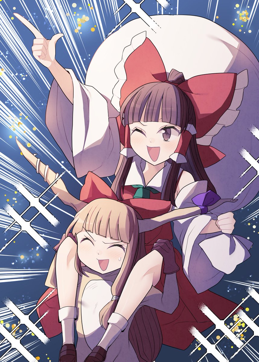 hakurei reimu ,ibuki suika multiple girls 2girls bow horns red bow hair tubes open mouth  illustration images