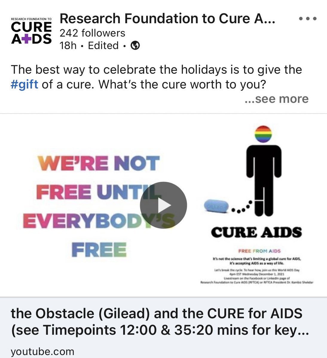 RFTcureaids's tweet photo. The best gift for the holidays is to give the gift of a cure. What’s the cure worth to you?
Donate at https://t.co/SZGxVVwy5s
Learn more on @YouTube on our video below. #freefromaids #cureaids #curehiv #aids #hiv #rftca https://t.co/K6wWxpSUxj