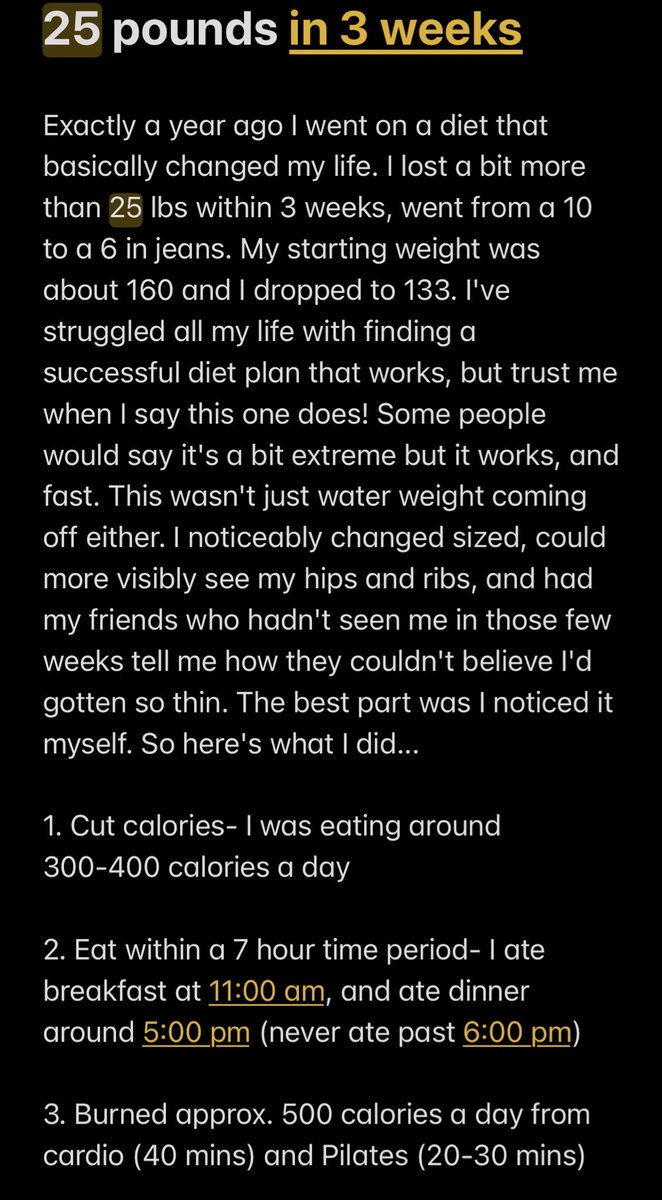 skyesbleuu's tweet photo. HOW TO LOOSE 25 LBS IN 3 WEEKS: a short thread 🧚🏽‍♀️

*For discretion, I did NOT make this diet myself, nor is this me speaking of my experience, these are all the creators words! It is from yearssss ago but I just found it today in my notes and thought you guys would enjoy :) https://t.co/iSGRUDovEb