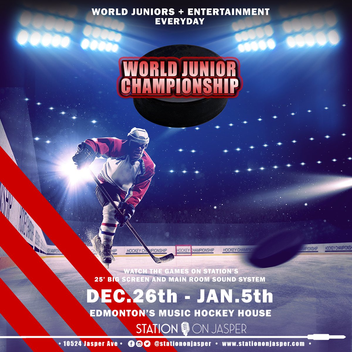 StationOnJasper's tweet image. JUST ANNOUNCED 🏒

From Dec 26 - Jan 5th, sit back and enjoy the World Junior Championship on our top-of-the-line projector screen and sound system 😍! Cheer on Team Canada, enjoy our food and drinks, and then stay for live entertainment afterwards EVERY NIGHT! 

DOORS 12PM
