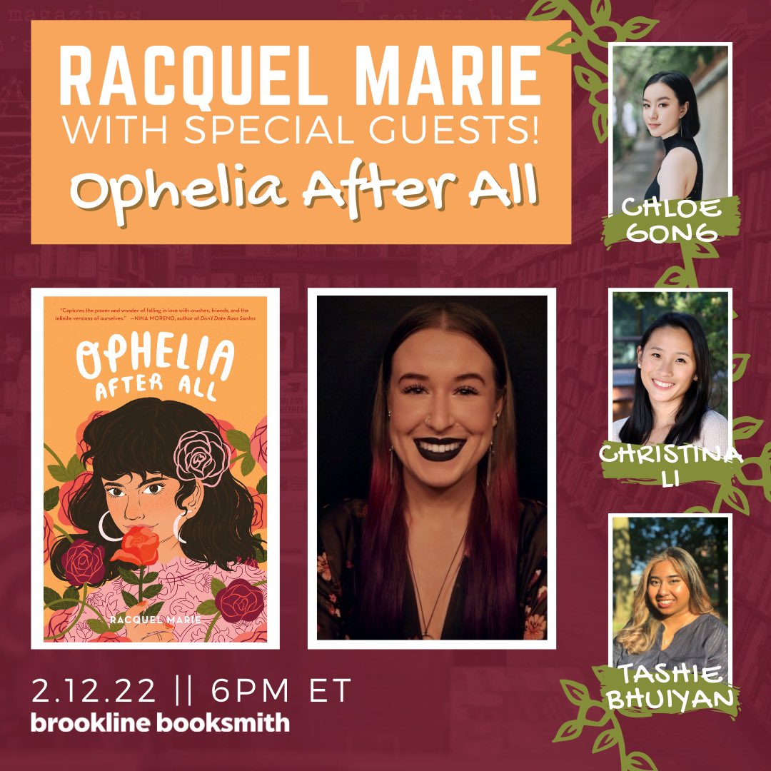 ✨FUN EVENT NEWS✨ to celebrate the release of OPHELIA AFTER ALL, @thechloegong @cliwrites @tashiebhuiyan & I are doing a virtual event with @booksmithtweets on feb 12th !!! register here: …elmarie-brookline-2022.eventbrite.com