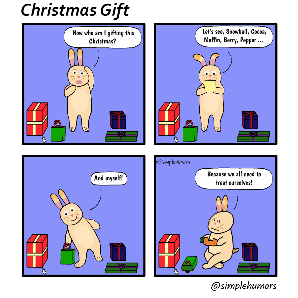 SimpleHumors's tweet photo. As we gift others this holiday season, don't forget to remember to treat the most important person -- yourself! 😊

Tags: #SimpleHumors #webcomic #webcomics #originalcomic #Christmas #holidays #presents #carrot #gifts #selfcare #bunny #goldenbunny #animalcomic https://t.co/E6tr7EKP7g