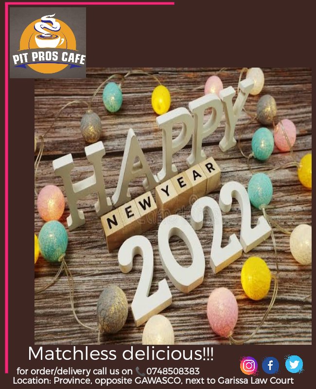 Happy new year from pit pros cafe
#new2022 #2022 #Garissa #foodphotography #deliciousfood😋
instagram.com/p/CYLYgJ7D8bF/…