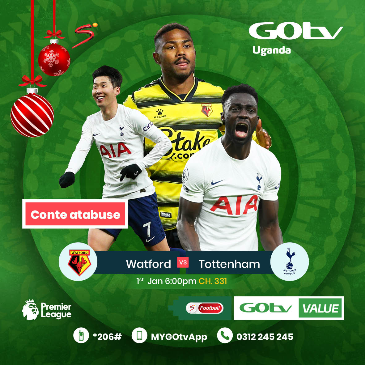 GOtvUganda's tweet photo. Begin the new year on a Conte-ntious note 😆! Watch Watford Vs Tottenham at 6:00 PM on SS Football Ch 331. 

Download MyGOtv App: https://t.co/l5isueNaz6 to subscribe to GOtv Supa.  #SUPAFestive #OurHomeOurFootball https://t.co/YZ74207Nrw