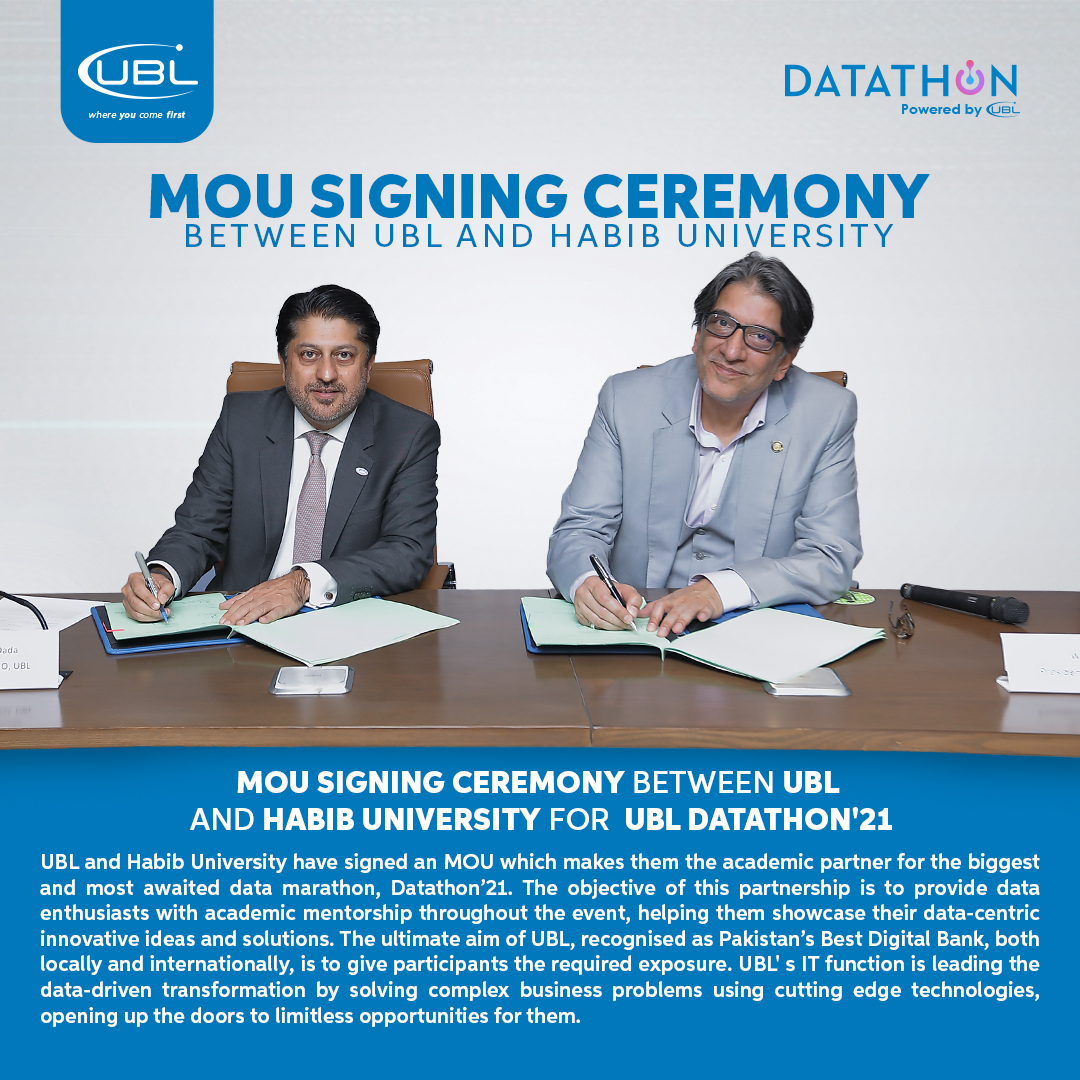 UBLDigital's tweet photo. UBL and Habib University have signed an MOU which makes them the academic partner for the biggest and most awaited data marathon, Datathon’21. The objective of this partnership is to provide data enthusiasts with academic mentorship throughout the event. 
#Datathon #DataMarathon https://t.co/NxRS5YA5Vn