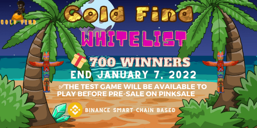 New Whitelist: Gold Find
Value: 700 Whitelist Entries
Referral: Top 400 Confirmed &amp; 300 Random
End Date: 7 January, 2022
Distribution: 8 January, 2022

🔗 Join the Whitelist Contest: gleam.io/gExp3/goldfind… 

#Airdrop #Crypto #Bitcoin #BSC #AirdropAchiever #GoldFind