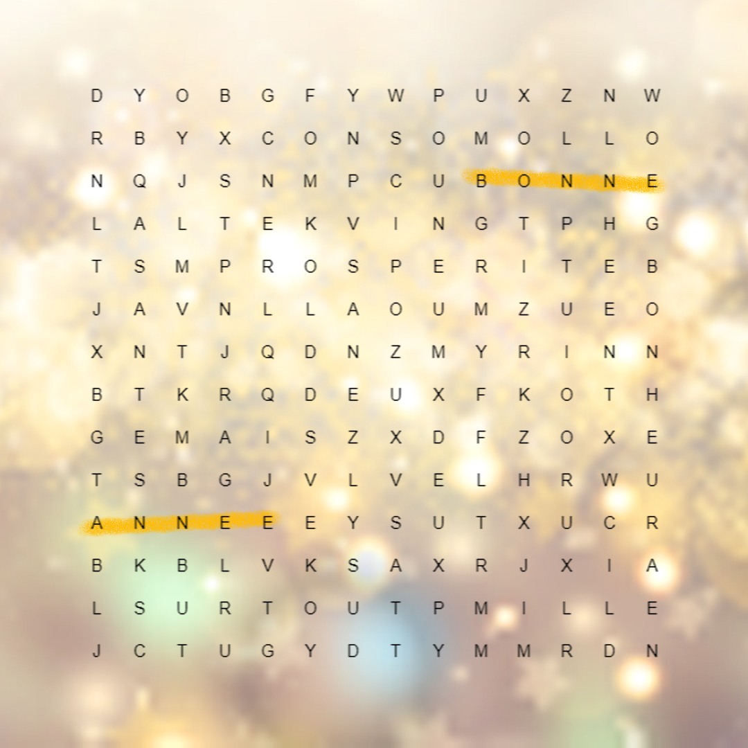 🎆 BONNE ANNÉE !
Découvrez dans la grille tout ce qu'on vous souhaite pour 2022 ⤵️

• bonne
• année
• deux
• mille
• vingt
• deux
• bonheur
• sante
• prosperite
• mais
• surtout
• consomollo

👉 Vous les avez tous ? Alors cette année s'annonce déjà bien 😇😘